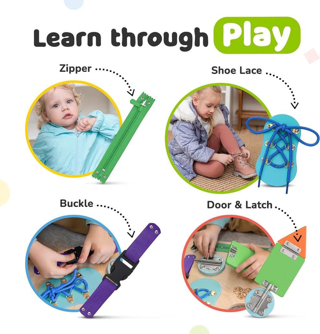 Toddler Busy Board, Premium Wooden Sensory Busy Board for Toddlers 1 2 3 Year Old with 10 Educational Activities for Fine Motor Skills, Fidget Activity Toy for Travel