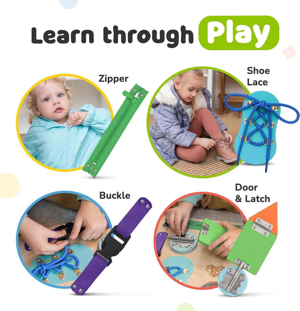Toddler Busy Board, Premium Wooden Sensory Busy Board for Toddlers 1 2 3 Year Old with 10 Educational Activities for Fine Motor Skills, Fidget Activity Toy for Travel