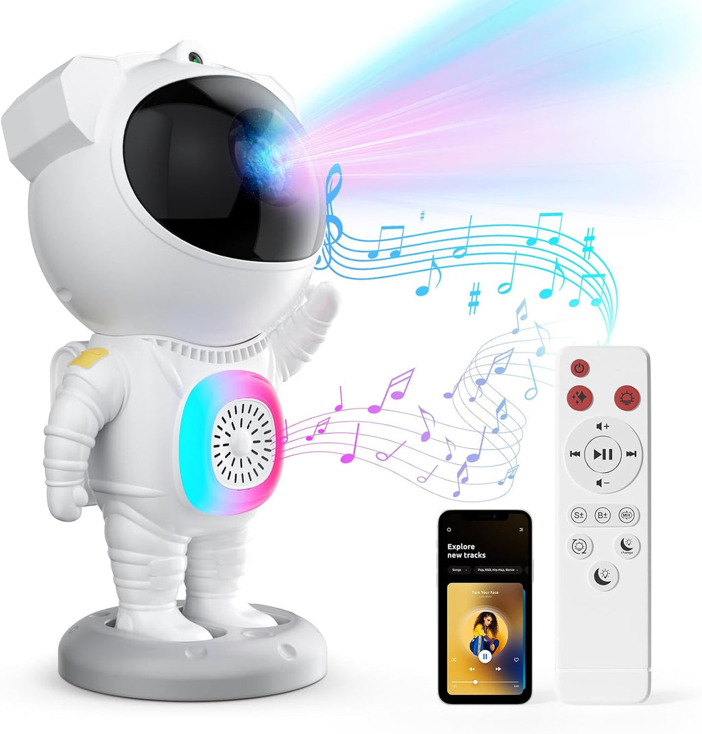 Astronaut Galaxy Projector with Bluetooth Speaker and Remote Control, 360° Adjustable Angle Space Projector for Bedroom Ceiling, Ideal Night Light for Kids and Adults, Perfect for Birthdays and Valentine's Day (White)
