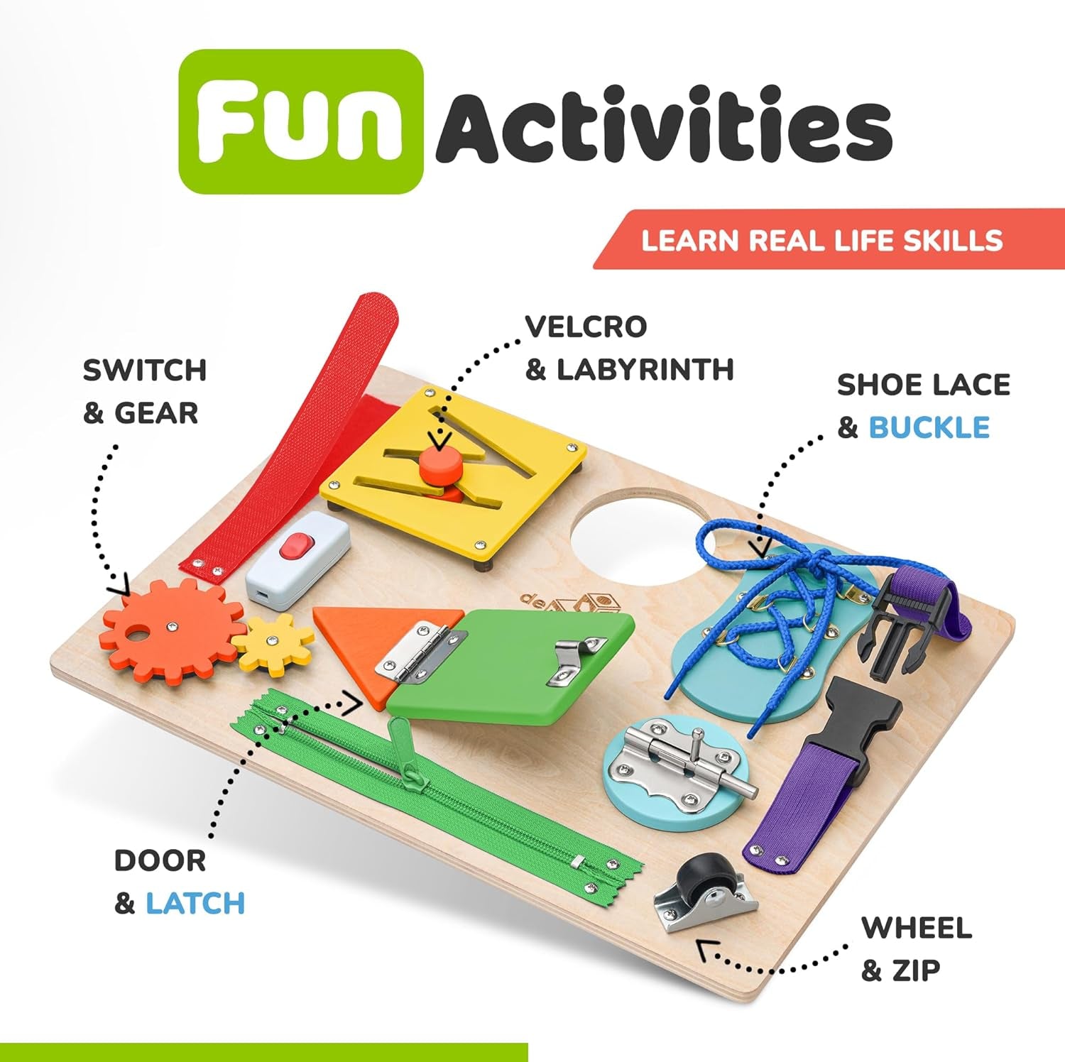 Toddler Busy Board, Premium Wooden Sensory Busy Board for Toddlers 1 2 3 Year Old with 10 Educational Activities for Fine Motor Skills, Fidget Activity Toy for Travel