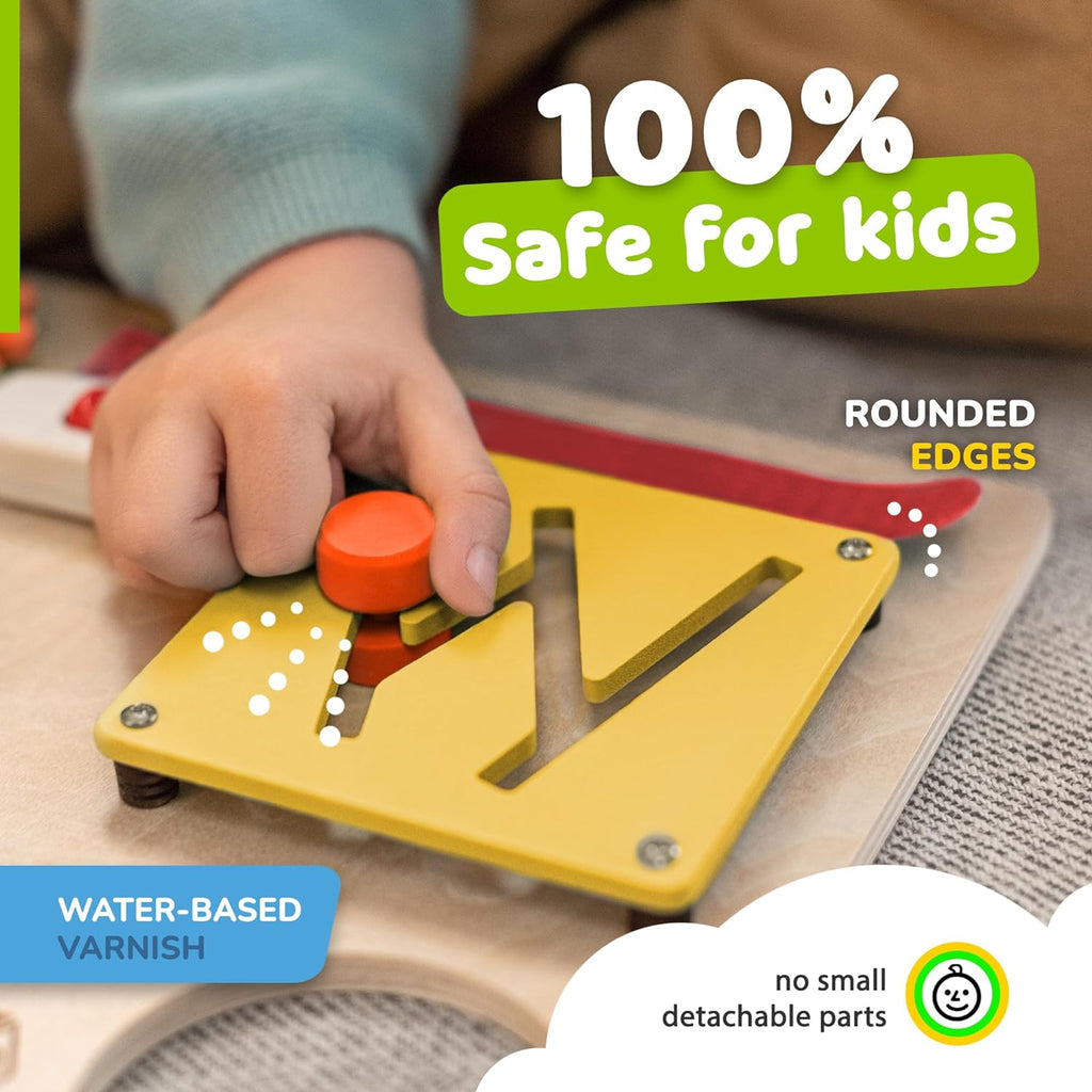 Toddler Busy Board, Premium Wooden Sensory Busy Board for Toddlers 1 2 3 Year Old with 10 Educational Activities for Fine Motor Skills, Fidget Activity Toy for Travel