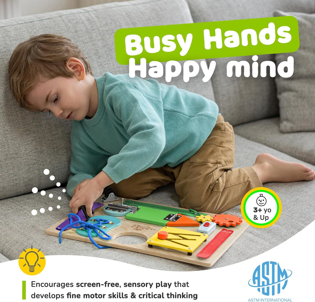Toddler Busy Board, Premium Wooden Sensory Busy Board for Toddlers 1 2 3 Year Old with 10 Educational Activities for Fine Motor Skills, Fidget Activity Toy for Travel