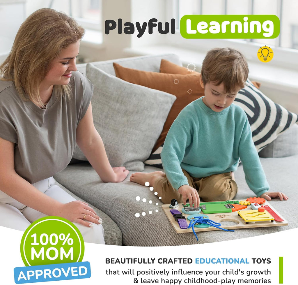 Toddler Busy Board, Premium Wooden Sensory Busy Board for Toddlers 1 2 3 Year Old with 10 Educational Activities for Fine Motor Skills, Fidget Activity Toy for Travel